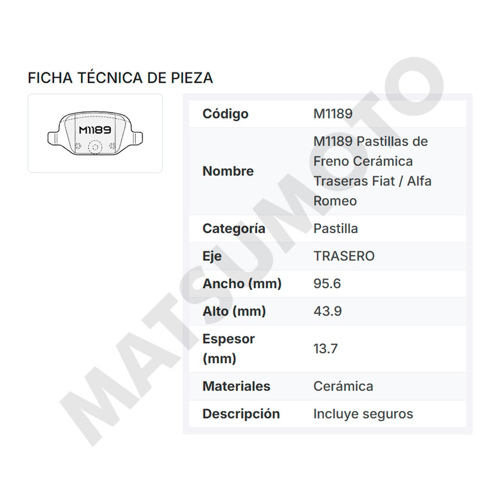 M1189 Pastillas de Freno Cerámica Traseras Fiat / Alfa Romeo