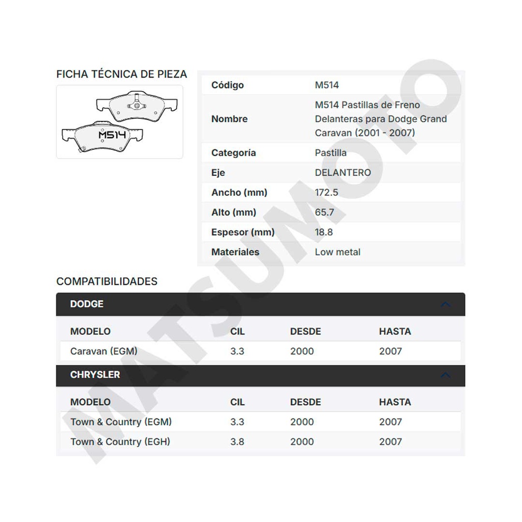M514 Pastillas de Freno Delanteras para Dodge Grand Carvan (2001 - 2007)