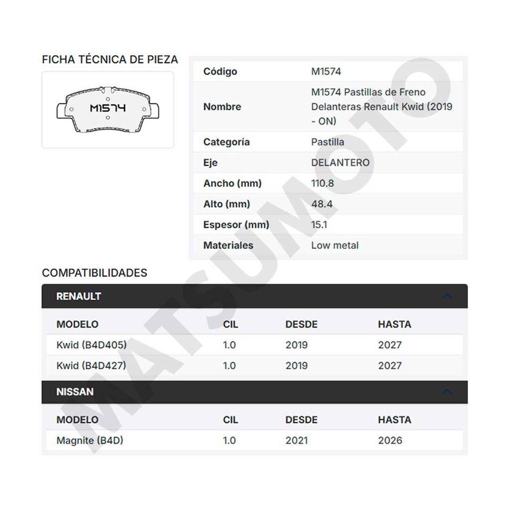 M1574 Pastillas de Freno Delanteras Renault Kwid (2019 - ON)