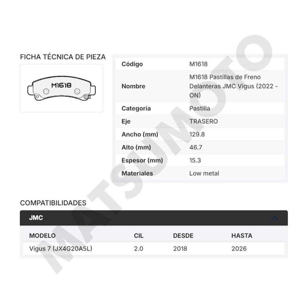 M1618 Pastillas de Freno Delanteras JMC Vigus (2022 - ON)