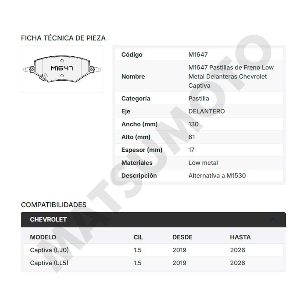 M1647 Pastillas de Freno Low Metal Delanteras Chevrolet Captiva (2019-2026)